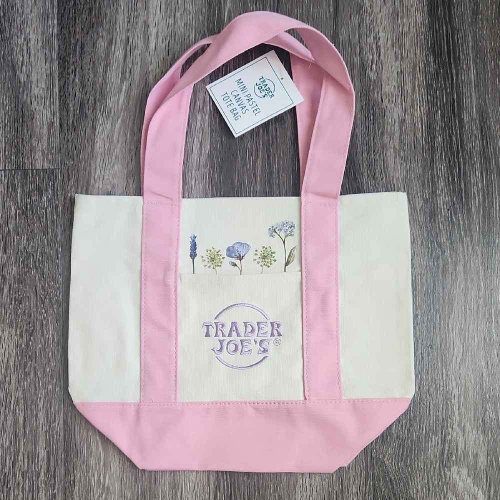 Trader Joe's Mini Pastel Pink Canvas Tote Bag With Beautiful Floral Design